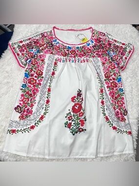 White Floral Embroidered Print Peasant Blouse with Pink & Red Flowers